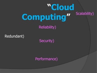 “Cloud
                   Scalability)
        Computing”
              Reliability)

Redundant)
               Security)



             Performance)
 