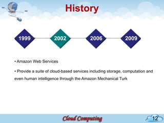 History

    1999                 2002                  2006           2009



• Arrival of Salesforce.com
   • Amazon Web Services

• Pioneered a suite of cloud-based services including storage, computation and
  • Provide the concept of delivering enterprise applications via a simple
website.
 even human intelligence through the Amazon Mechanical Turk

• The services firm paved the way for both specialist and mainstream software
firms to deliver applications over the internet.




                                                                                12
 