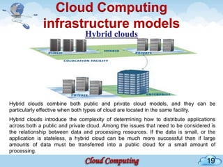 Cloud Computing
              infrastructure models




Hybrid clouds combine both public and private cloud models, and they can be
particularly effective when both types of cloud are located in the same facility.
Hybrid clouds introduce the complexity of determining how to distribute applications
across both a public and private cloud. Among the issues that need to be considered is
the relationship between data and processing resources. If the data is small, or the
application is stateless, a hybrid cloud can be much more successful than if large
amounts of data must be transferred into a public cloud for a small amount of
processing.

                                                                                  19
 
