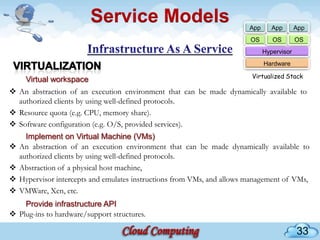 Service Models                                  App      App       App
                                                                         OS       OS        OS
                                                                               Hypervisor
                                                                               Hardware

                                                                         Virtualized Stack
     Virtual workspace
 An abstraction of an execution environment that can be made dynamically available to
  authorized clients by using well-defined protocols.
 Resource quota (e.g. CPU, memory share).
 Software configuration (e.g. O/S, provided services).
      Implement on Virtual Machine (VMs)
   An abstraction of an execution environment that can be made dynamically available to
    authorized clients by using well-defined protocols.
   Abstraction of a physical host machine,
   Hypervisor intercepts and emulates instructions from VMs, and allows management of VMs,
   VMWare, Xen, etc.
    Provide infrastructure API
 Plug-ins to hardware/support structures.

                                                                                            33
 