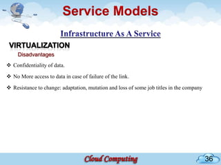 Service Models


     Disadvantages
 Confidentiality of data.

 No More access to data in case of failure of the link.

 Resistance to change: adaptation, mutation and loss of some job titles in the company




                                                                                          36
 