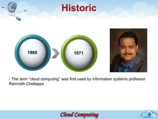 Historic



          1960                      1971




- The term “cloud computing” was first used by information systems professor
Ramnath Chellappa




                                                                               9
 