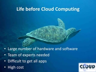 Life before Cloud Computing




•   Large number of hardware and software
•   Team of experts needed
•   Difficult to get all apps
•   High cost
 