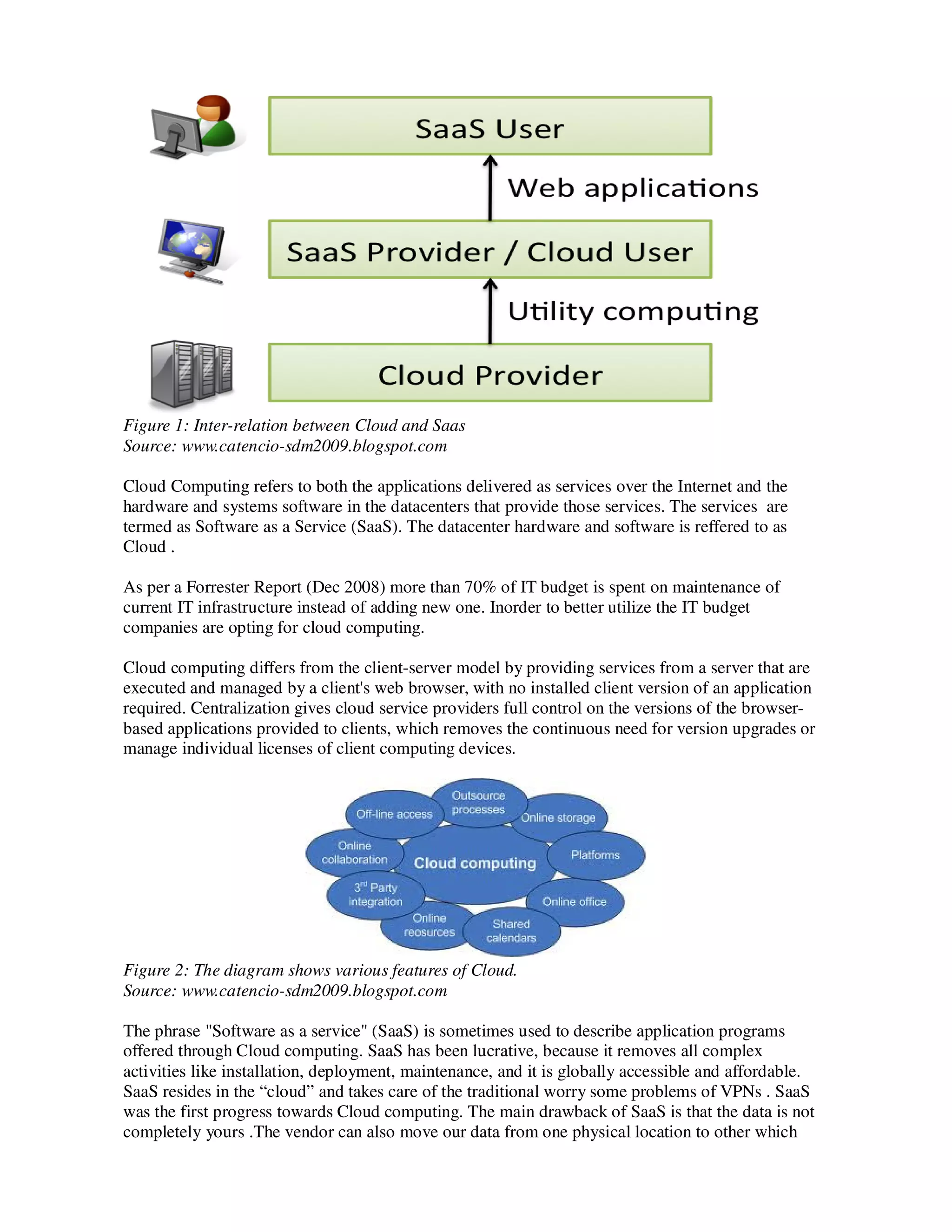Figure 1: Inter-relation between Cloud and Saas
Source: www.catencio-sdm2009.blogspot.com

Cloud Computing refers to both the applications delivered as services over the Internet and the
hardware and systems software in the datacenters that provide those services. The services are
termed as Software as a Service (SaaS). The datacenter hardware and software is reffered to as
Cloud .

As per a Forrester Report (Dec 2008) more than 70% of IT budget is spent on maintenance of
current IT infrastructure instead of adding new one. Inorder to better utilize the IT budget
companies are opting for cloud computing.

Cloud computing differs from the client-server model by providing services from a server that are
executed and managed by a client's web browser, with no installed client version of an application
required. Centralization gives cloud service providers full control on the versions of the browser-
based applications provided to clients, which removes the continuous need for version upgrades or
manage individual licenses of client computing devices.




Figure 2: The diagram shows various features of Cloud.
Source: www.catencio-sdm2009.blogspot.com

The phrase "Software as a service" (SaaS) is sometimes used to describe application programs
offered through Cloud computing. SaaS has been lucrative, because it removes all complex
activities like installation, deployment, maintenance, and it is globally accessible and affordable.
SaaS resides in the “cloud” and takes care of the traditional worry some problems of VPNs . SaaS
was the first progress towards Cloud computing. The main drawback of SaaS is that the data is not
completely yours .The vendor can also move our data from one physical location to other which
 