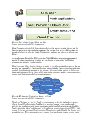 Figure 1: Inter-relation between Cloud and Saas
Source: www.catencio-sdm2009.blogspot.com

Cloud Computing refers to both the applications delivered as services over the Internet and the
hardware and systems software in the datacenters that provide those services. The services are
termed as Software as a Service (SaaS). The datacenter hardware and software is reffered to as
Cloud .

As per a Forrester Report (Dec 2008) more than 70% of IT budget is spent on maintenance of
current IT infrastructure instead of adding new one. Inorder to better utilize the IT budget
companies are opting for cloud computing.

Cloud computing differs from the client-server model by providing services from a server that are
executed and managed by a client's web browser, with no installed client version of an application
required. Centralization gives cloud service providers full control on the versions of the browser-
based applications provided to clients, which removes the continuous need for version upgrades or
manage individual licenses of client computing devices.




Figure 2: The diagram shows various features of Cloud.
Source: www.catencio-sdm2009.blogspot.com

The phrase "Software as a service" (SaaS) is sometimes used to describe application programs
offered through Cloud computing. SaaS has been lucrative, because it removes all complex
activities like installation, deployment, maintenance, and it is globally accessible and affordable.
SaaS resides in the “cloud” and takes care of the traditional worry some problems of VPNs . SaaS
was the first progress towards Cloud computing. The main drawback of SaaS is that the data is not
completely yours .The vendor can also move our data from one physical location to other which
 