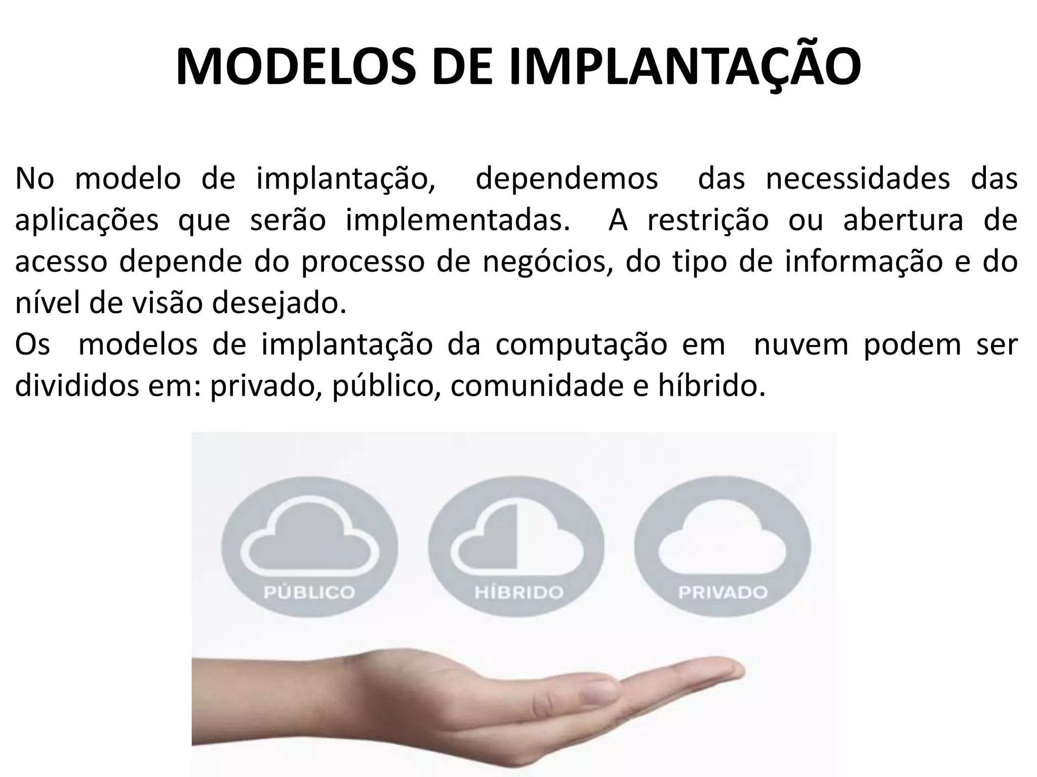 MODELOS DE IMPLANTAÇÃO
No modelo de implantação, dependemos das necessidades das
aplicações que serão implementadas. A restrição ou abertura de
acesso depende do processo de negócios, do tipo de informação e do
nível de visão desejado.
Os modelos de implantação da computação em nuvem podem ser
divididos em: privado, público, comunidade e híbrido.
 