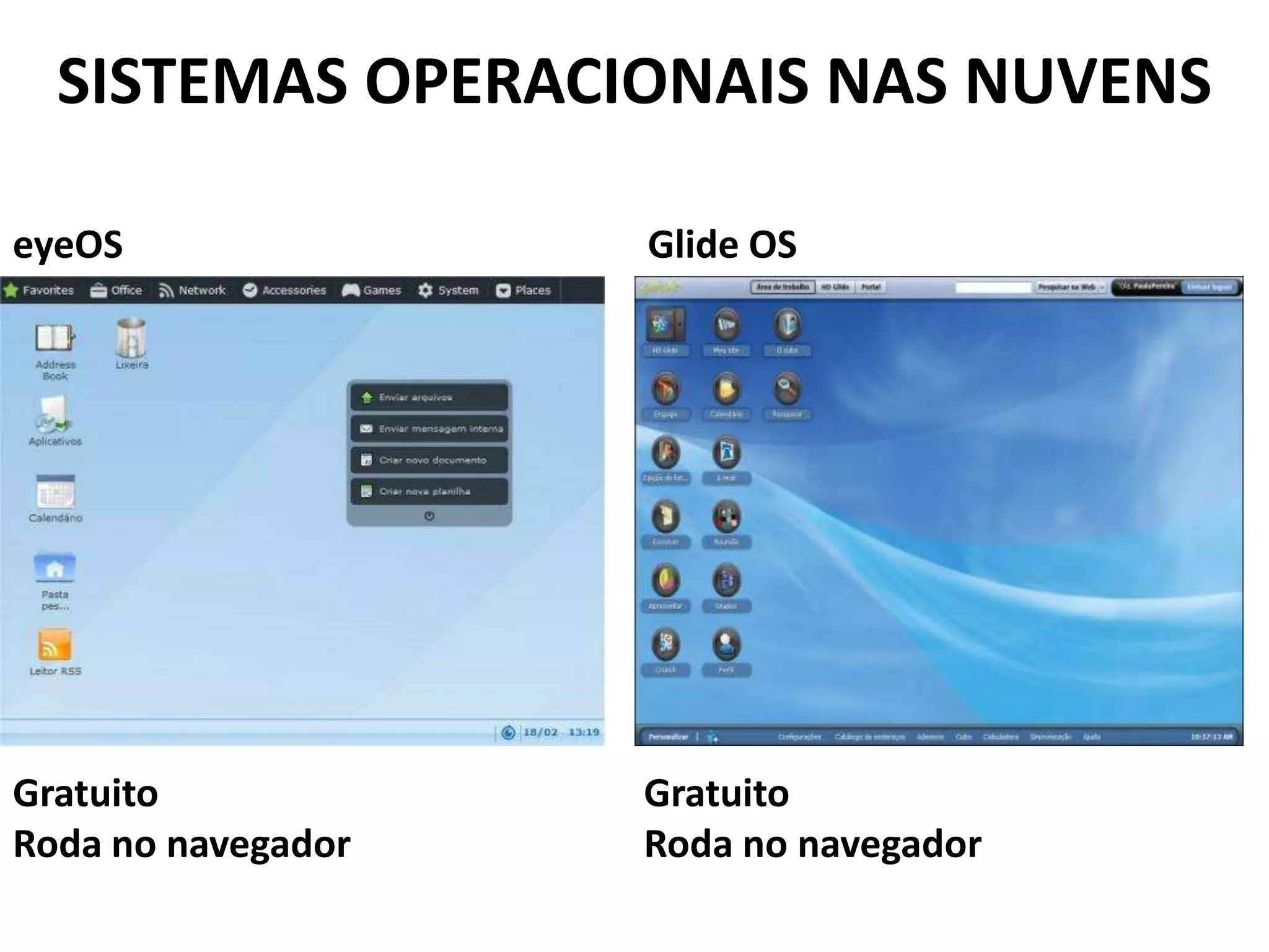SISTEMAS OPERACIONAIS NAS NUVENS

eyeOS               Glide OS




Gratuito            Gratuito
Roda no navegador   Roda no navegador
 