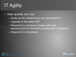 IT Agility
• How quickly can you
  – Scale up the infrastructure and applications?
  – Upgrade to the latest OS?
  – Respond to a company merger with new
    requirements for business process and IT capacity?
  – Respond to a divestiture
 