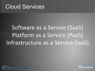 Cloud Services


  Software as a Service (SaaS)
  Platform as a Service (PaaS)
Infrastructure as a Service (IaaS)
 