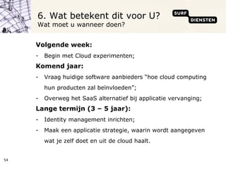 Volgende week: Begin met Cloud experimenten; Komend jaar:   Vraag huidige software aanbieders “hoe cloud computing hun producten zal beïnvloeden”; Overweg het SaaS alternatief bij applicatie vervanging; Lange termijn (3 – 5 jaar):   Identity management inrichten; Maak een applicatie strategie, waarin wordt aangegeven wat je zelf doet en uit de cloud haalt.  6. Wat betekent dit voor U? Wat moet u wanneer doen? 