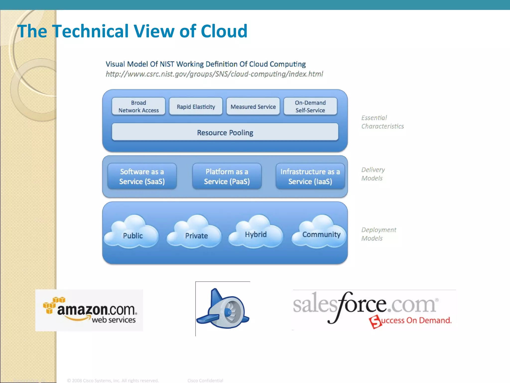 The Technical View of Cloud




Presentation_ID   © 2008 Cisco Systems, Inc. All rights reserved.   Cisco Confidential
 