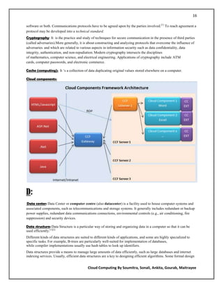 16

software or both. Communications protocols have to be agreed upon by the parties involved. [1] To reach agreement a
protocol may be developed into a technical standard.
Cryptography: It is the practice and study of techniques for secure communication in the presence of third parties
(called adversaries).More generally, it is about constructing and analyzing protocols that overcome the influence of
adversaries and which are related to various aspects in information security such as data confidentiality, data
integrity, authentication, and non-repudiation. Modern cryptography intersects the disciplines
of mathematics, computer science, and electrical engineering. Applications of cryptography include ATM
cards, computer passwords, and electronic commerce.

Cache (computing): It ‗s a collection of data duplicating original values stored elsewhere on a computer.

Cloud components:




D:
Data center: Data Center or computer centre (also datacenter) is a facility used to house computer systems and
associated components, such as telecommunications and storage systems. It generally includes redundant or backup
power supplies, redundant data communications connections, environmental controls (e.g., air conditioning, fire
suppression) and security devices.

Data structure: Data Structure is a particular way of storing and organizing data in a computer so that it can be
used efficiently.[1][2]
Different kinds of data structures are suited to different kinds of applications, and some are highly specialized to
specific tasks. For example, B-trees are particularly well-suited for implementation of databases,
while compiler implementations usually use hash tables to look up identifiers.
Data structures provide a means to manage large amounts of data efficiently, such as large databases and internet
indexing services. Usually, efficient data structures are a key to designing efficient algorithms. Some formal design


                                           Cloud Computing By Soumitra, Sonali, Ankita, Gourab, Maitrayee
 