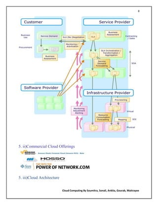 8




5. ii)Commercial Cloud Offerings




5. iii)Cloud Architecture


                            Cloud Computing By Soumitra, Sonali, Ankita, Gourab, Maitrayee
 