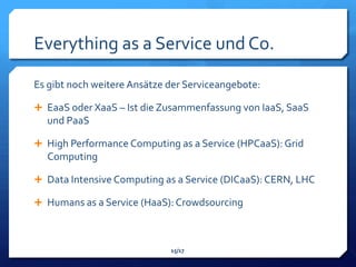 Everything as a Service und Co.

Es gibt noch weitere Ansätze der Serviceangebote:

 EaaS oder XaaS – Ist die Zusammenfassung von IaaS, SaaS
  und PaaS

 High Performance Computing as a Service (HPCaaS): Grid
  Computing

 Data Intensive Computing as a Service (DICaaS): CERN, LHC

 Humans as a Service (HaaS): Crowdsourcing



                             15/17
 
