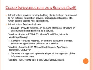 CLOUD INFRASTRUCTURE AS A SERVICE (IAAS)
 Infrastructure services provide building blocks that can be moulded
to run different application servers, packaged applications, etc.,
which can be used to host applications.
 Infrastructure Services include -
 Storage - Provide metered, on‐demand storage of structure or
un‐structured data delivered as a service.
Vendors - Amazon EBS & S3, MossoCloud Files, Nirvanix,
VaultscapeStorage
 Compute - provide metered, on‐demand execution of codes,
services or applications delivered as a service.
Vendors - Amazon EC2, MossoCloud Servers, AppNexus,
Terremark, GridLayer
 Services Management - provide a layer of management of the
infrastructure services
Vendors - IBM, RightScale, Scalr, CloudStatus, Kaavo
 