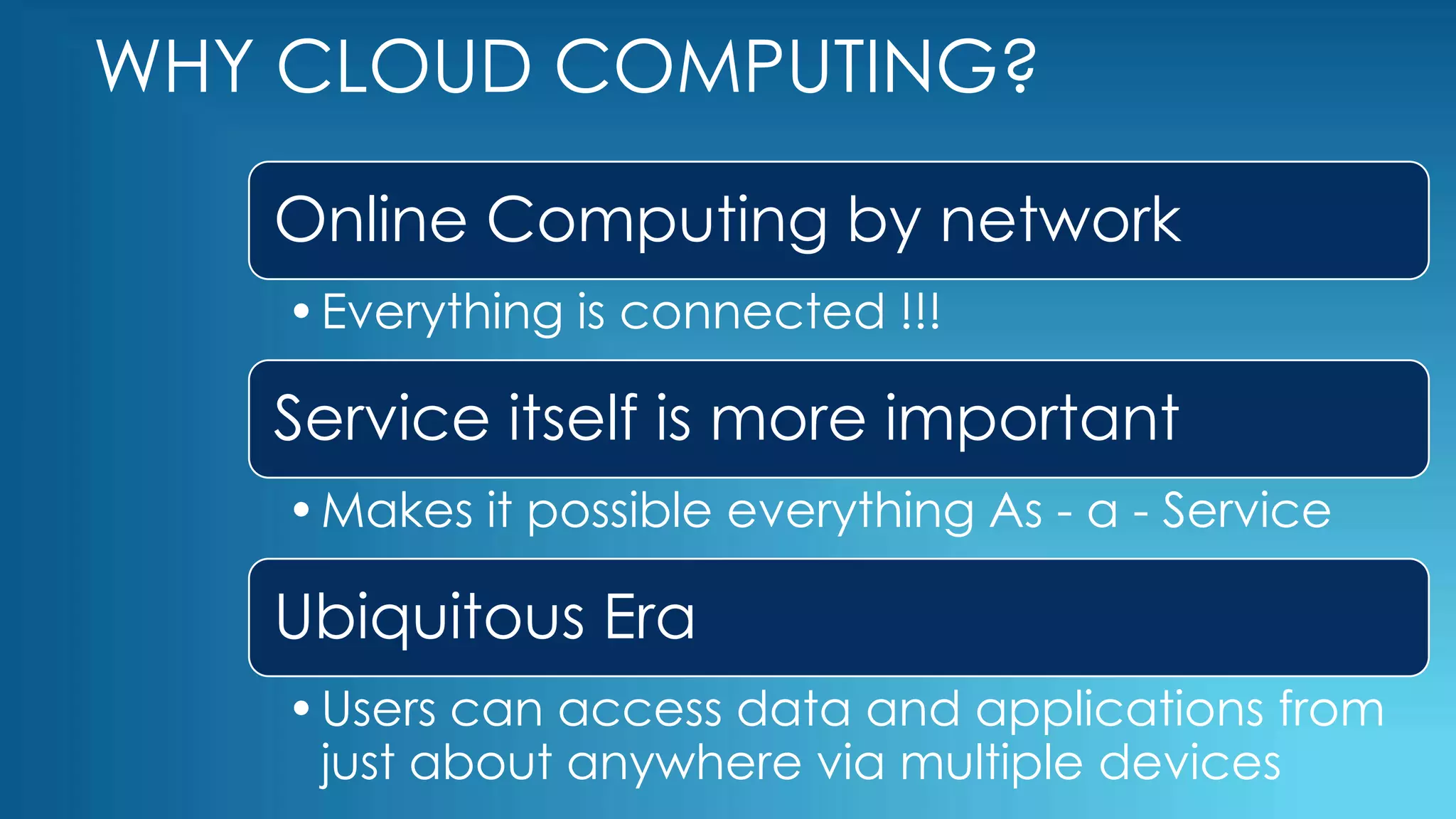 WHY CLOUD COMPUTING?
Online Computing by network
•Everything is connected !!!
Service itself is more important
•Makes it possible everything As - a - Service
Ubiquitous Era
•Users can access data and applications from
just about anywhere via multiple devices
 