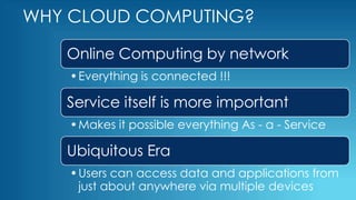 WHY CLOUD COMPUTING?
Online Computing by network
•Everything is connected !!!
Service itself is more important
•Makes it possible everything As - a - Service
Ubiquitous Era
•Users can access data and applications from
just about anywhere via multiple devices
 