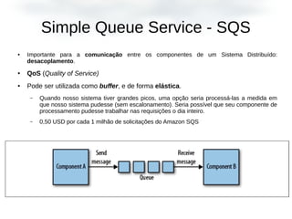 Simple Queue Service - SQS
● Importante para a comunicação entre os componentes de um Sistema Distribuído:
desacoplamento.
● QoS (Quality of Service)
● Pode ser utilizada como buffer, e de forma elástica.
– Quando nosso sistema tiver grandes picos, uma opção seria processá-las a medida em
que nosso sistema pudesse (sem escalonamento). Seria possível que seu componente de
processamento pudesse trabalhar nas requisições o dia inteiro.
– 0,50 USD por cada 1 milhão de solicitações do Amazon SQS
 
