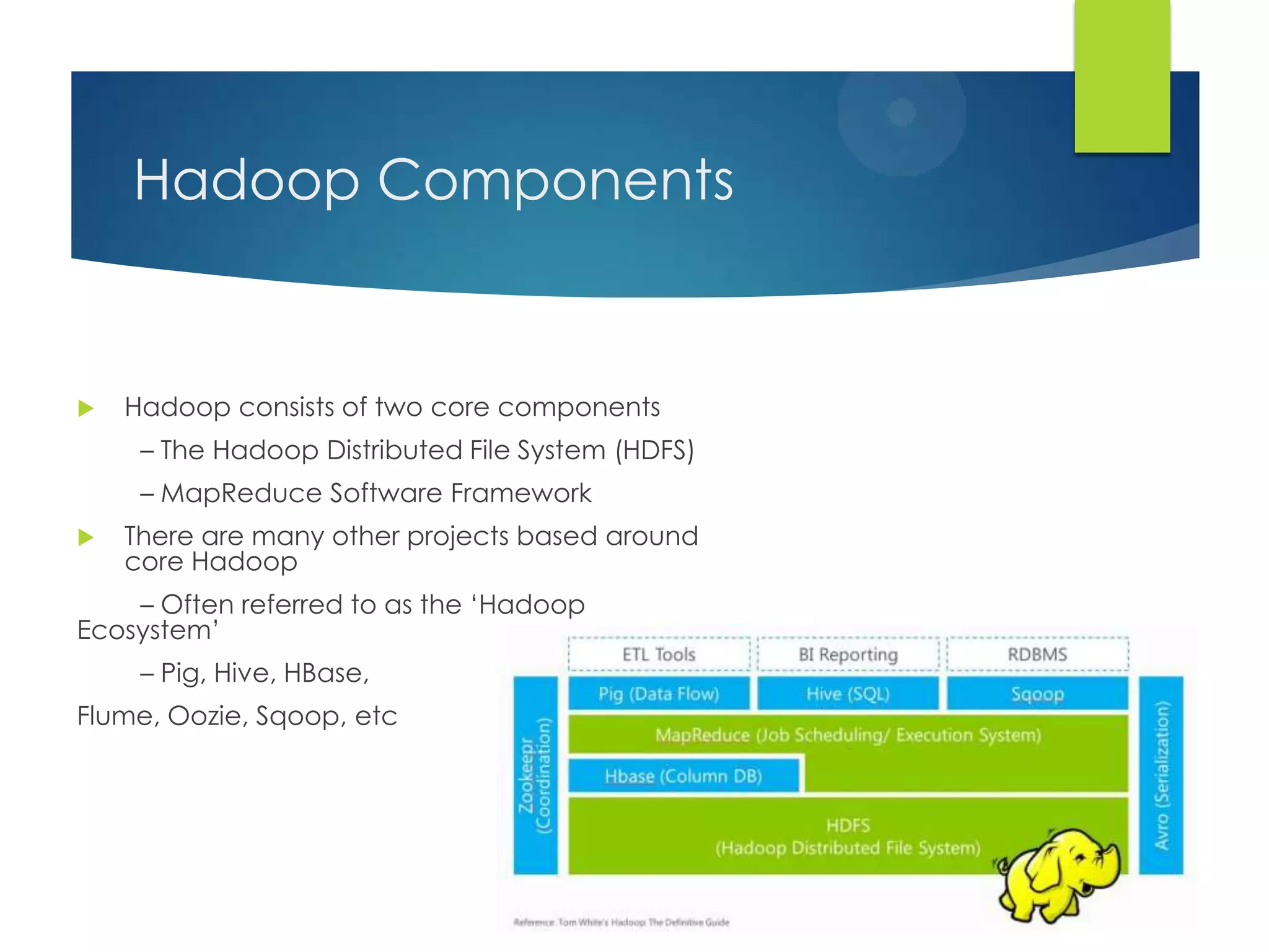 Hadoop Components
 Hadoop consists of two core components
– The Hadoop Distributed File System (HDFS)
– MapReduce Software Framework
 There are many other projects based around
core Hadoop
– Often referred to as the „Hadoop
Ecosystem‟
– Pig, Hive, HBase,
Flume, Oozie, Sqoop, etc
 