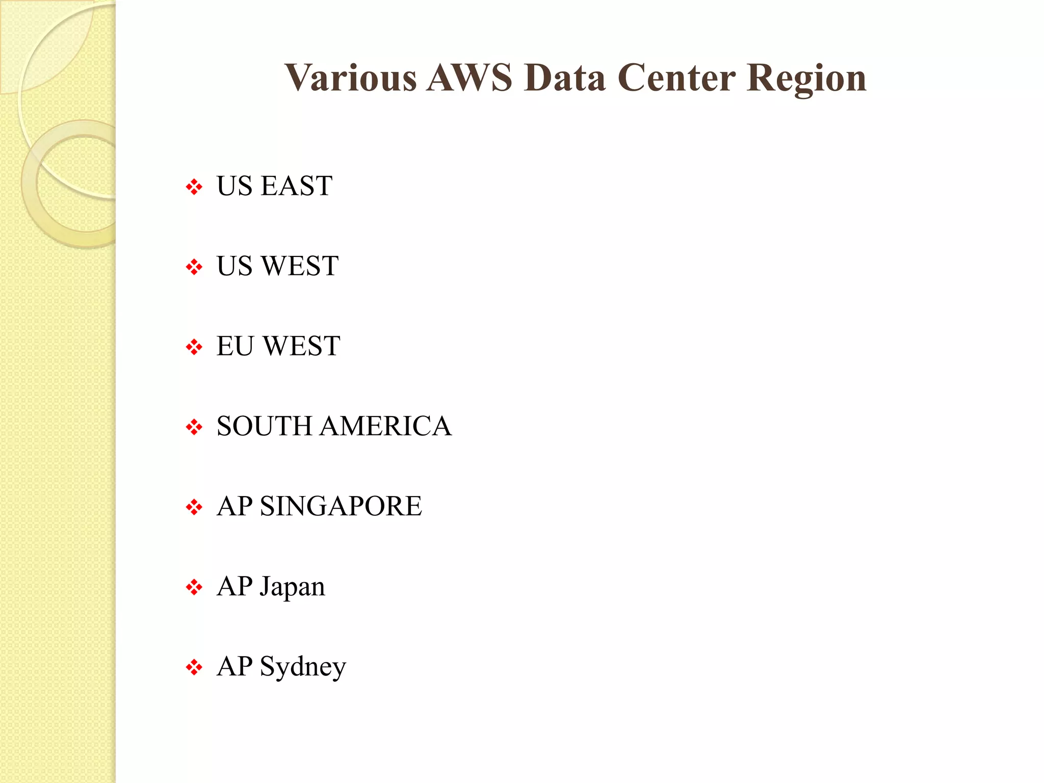 Various AWS Data Center Region
 US EAST
 US WEST
 EU WEST
 SOUTH AMERICA
 AP SINGAPORE
 AP Japan
 AP Sydney
 