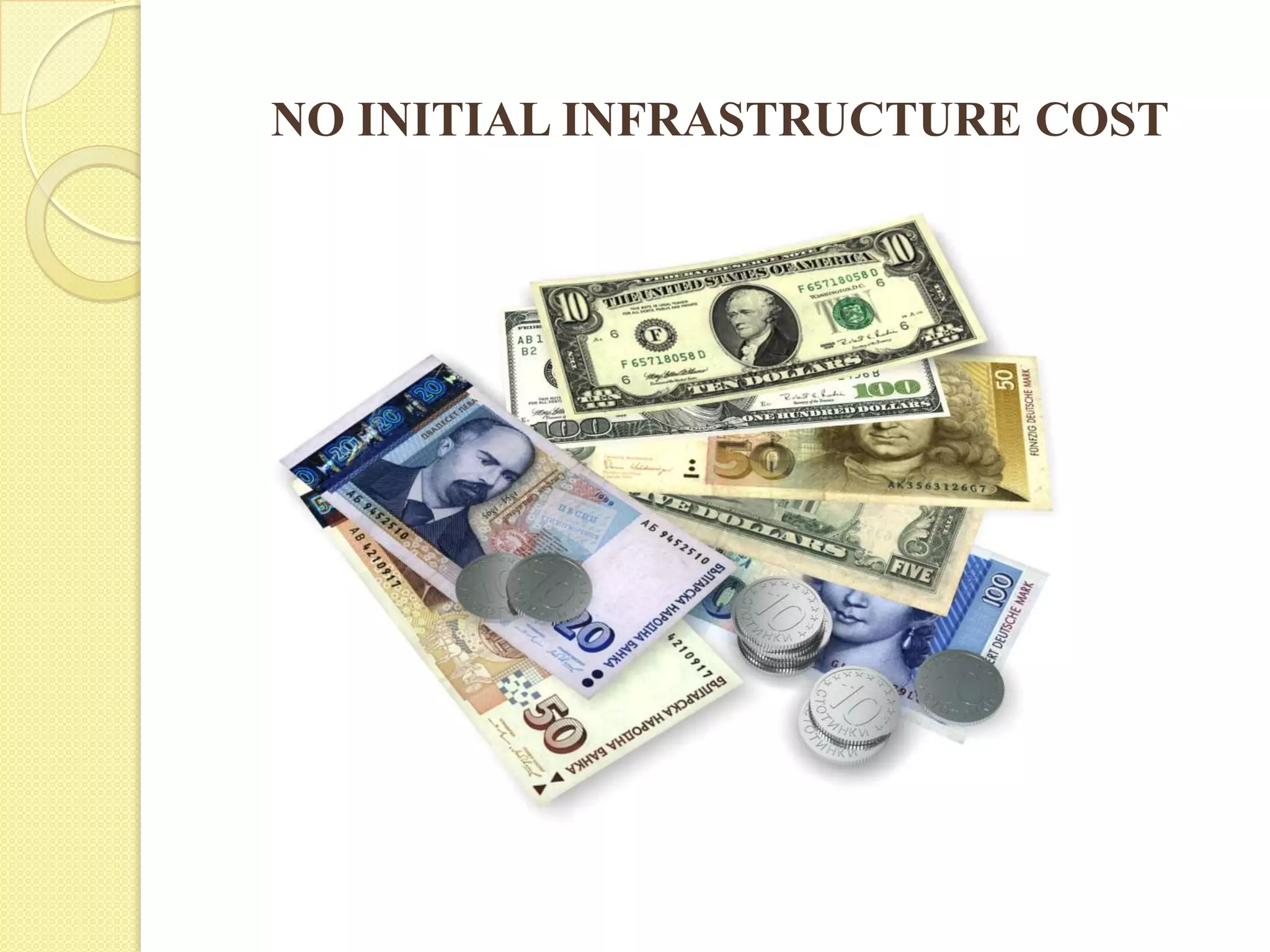 NO INITIAL INFRASTRUCTURE COST
 