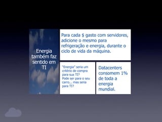 Datacenters
consomem 1%
de toda a
energia
mundial.
Para cada $ gasto com servidores,
adicione o mesmo para
refrigeração e energia, durante o
ciclo de vida da máquina.
“Energia” seria um
critério de compra
para sua TI?
Pode ser para o seu
carro... mas seria
para TI?
 