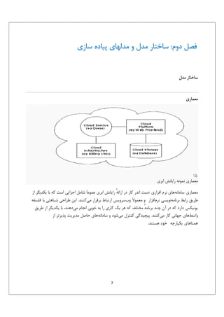 ‫ﻓﺼﻞ دوم: ﺳﺎﺧﺘﺎر ﻣﺪل و ﻣﺪﻟﻬﺎي ﭘﻴﺎده ﺳﺎزي‬

‫ﺳﺎﺧﺘﺎر ﻣﺪل‬

‫ﻣﻌﻤﺎري‬

‫ﻣﻌﻤﺎري ﻧﻤﻮﻧﻪ راﻳﺎﻧﺶ اﺑﺮي‬
‫ﻣﻌﻤﺎري ﺳﺎﻣﺎﻧﻪﻫﺎي ﻧﺮم اﻓﺰاري دﺳﺖ اﻧﺪر ﻛﺎر در اراﺋﻪ راﻳﺎﻧﺶ اﺑﺮي ﻋﻤﻮﻣﺎَ ﺷﺎﻣﻞ اﺟﺰاﻳﻲ اﺳﺖ ﻛﻪ ﺑﺎ ﻳﻜﺪﻳﮕﺮ از‬
‫ٔ‬
‫ﻃﺮﻳﻖ راﺑﻂ ﺑﺮﻧﺎﻣﻪﻧﻮﻳﺴﻲ ﻧﺮماﻓﺰار و ﻣﻌﻤﻮﻻَ وبﺳﺮوﻳﺲ ارﺗﺒﺎط ﺑﺮﻗﺮار ﻣﻲﻛﻨﻨﺪ. اﻳﻦ ﻃﺮاﺣﻲ ﺷﺒﺎﻫﺘﻲ ﺑﺎ ﻓﻠﺴﻔﻪ‬
‫ﻳﻮﻧﻴﻜﺲ دارد ﻛﻪ در آن ﭼﻨﺪ ﺑﺮﻧﺎﻣﻪ ﻣﺨﺘﻠﻒ ﻛﻪ ﻫﺮ ﻳﻚ ﻛﺎري را ﺑﻪ ﺧﻮﺑﻲ اﻧﺠﺎم ﻣﻲدﻫﻨﺪ، ﺑﺎ ﻳﻜﺪﻳﮕﺮ از ﻃﺮﻳﻖ‬
‫ٔ‬
‫واﺳﻂﻫﺎي ﺟﻬﺎﻧﻲ ﻛﺎر ﻣﻲﻛﻨﻨﺪ. ﭘﻴﭽﻴﺪﮔﻲ ﻛﻨﺘﺮل ﻣﻲﺷﻮد و ﺳﺎﻣﺎﻧﻪﻫﺎي ﺣﺎﺻﻞ ﻣﺪﻳﺮﻳﺖ ﭘﺬﻳﺮﺗﺮ از‬
‫ﻫﻤﺘﺎﻫﺎي ﻳﻜﭙﺎرﭼﻪ ﺧﻮد ﻫﺴﺘﻨﺪ.‬

‫7‬

 