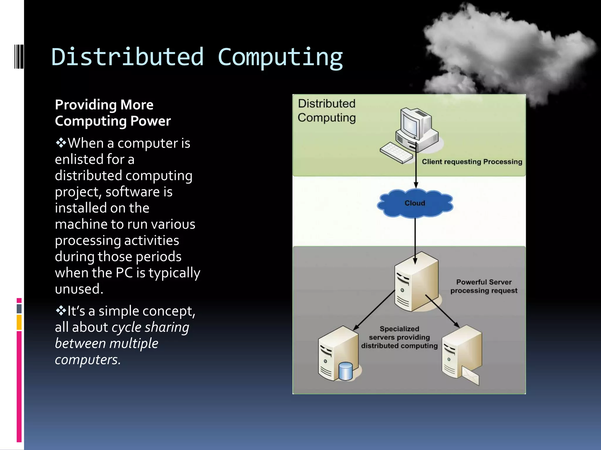 Distributed Computing
Providing More
Computing Power
When a computer is
enlisted for a
distributed computing
project, software is
installed on the
machine to run various
processing activities
during those periods
when the PC is typically
unused.
It’s a simple concept,
all about cycle sharing
between multiple
computers.

 