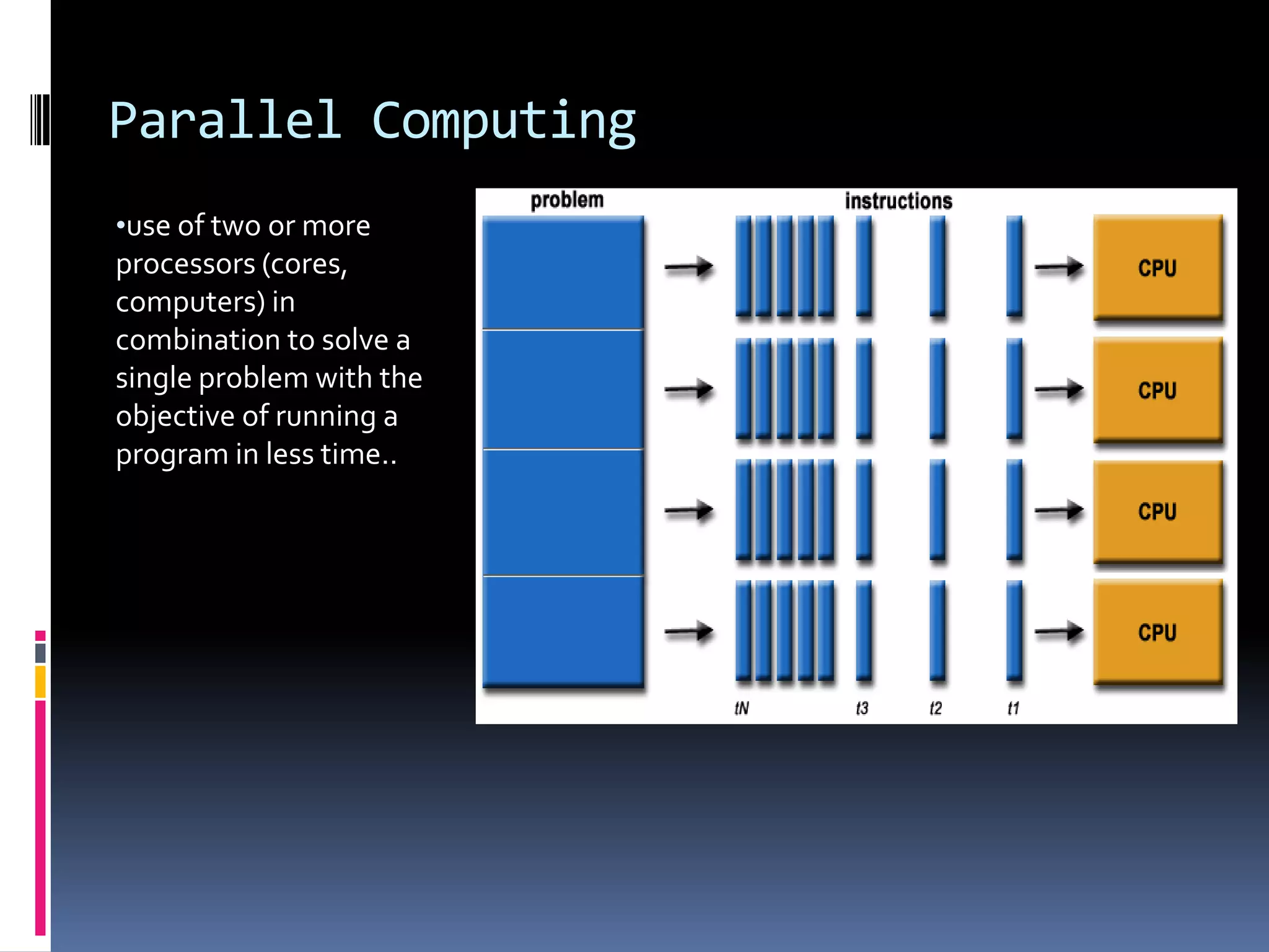 Parallel Computing
•use of two or more

processors (cores,
computers) in
combination to solve a
single problem with the
objective of running a
program in less time..

 