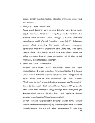 depan. Dengan cloud computing, kita cukup membayar sesuai yang
kita butuhkan.
7. Mengubah CAPEX menjadi OPEX
Sama seperti kelebihan yang pertama, kelebihan yang kedua masih
seputar keuangan. Tanpa cloud computing, investasi hardware dan
software harus dilakukan diawal, sehingga kita harus melakukan
pengeluaran modal (Capital Expenditure, atau CAPEX). Sedangkan
dengan

cloud

computing,

kita

dapat

melakukan

pengeluaran

operasional (Operational Expenditure, atau OPEX). Jadi, sama persis
dengan biaya utilitas lainnya seperti listrik atau telepon ketika kita
cukup membayar bulanan sesuai pemakaian. Hal ini akan sangat
membantu perusahaansecara keuangan.
8. Lentur dan Mudah Dikembangkan
Dengan

memanfaatkan

Cloud

Computing,

bisnis

kita

dapat

memanfaatkan TI sesuai kebutuhan. Perhatikan Gambar 2 di bawah
untuk melihat beberapa skenario kebutuhan bisnis. Penggunaan TI
secara bisnis biasanya tidak datar-datar saja. Dalam skenario
“Predictable Bursting”, ada periode di mana penggunaan TI meningkat
tajam. Contoh mudah adalah aplikasi Human Resource (HR) yang pada
akhir bulan selalu meningkat penggunaannya karena mengelola gaji
karyawan.Untuk scenario “Growing Fast”, bisnis meningkat dengan
pesat sehingga kapasitas TI juga harus mengikuti.
Contoh skenario “Unpredictable Bursting” adalah ketika sebuah
website berita mendapat pengunjung yang melonjak karena ada berita
menarik.Skenario “On and Off” adalah penggunaan TI yang tidak
17

 