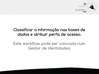 33
INTERNO
PROTECT
Classificar a informação nas bases de
dados e atribuir perfis de acesso.
Este workflow pode ser colocado num
Gestor de Identidades.
 