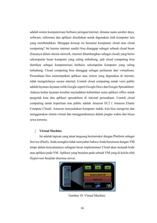 16
adalah sistem komputerisasi berbasis jaringan/internet, dimana suatu sumber daya,
software, informasi dan aplikasi disediakan untuk digunakan oleh komputer lain
yang membutuhkan. Mengapa konsep ini bernama komputasi cloud atau cloud
computing? Ini karena internet sendiri bisa dianggap sebagai sebuah cloud besar
(biasanya dalam skema network, internet dilambangkan sebagai cloud) yang berisi
sekumpulan besar komputer yang saling terhubung, jadi cloud computing bisa
diartikan sebagai komputerisasi berbasis sekumpulan komputer yang saling
terhubung. Cloud computing bisa dianggap sebagai perluasan dari virtualisasi.
Perusahaan bisa menempatkan aplikasi atau sistem yang digunakan di internet,
tidak mengelolanya secara internal. Contoh cloud computing untuk versi public
adalah layanan-layanan milik Google seperti Google Docs dan Google Spreadsheet.
Adanya kedua layanan tersebut meniadakan kebutuhan suatu aplikasi office untuk
pengolah kata dan aplikasi spreadsheet di internal perusahaan. Contoh cloud
computing untuk keperluan non public adalah Amazon EC2 ( Amazon Elastic
Compute Cloud). Amazon menyediakan komputer induk, kita bisa mengirim dan
menggunakan sistem virtual dan menggunakannya dalam jangka waktu dan biaya
sewa tertentu.
 Virtual Machine
Ini adalah lapisan yang akan langsung berinteraksi dengan Platform sebagai
Service (PaaS), Anda mungkin tidak menyadari bahwa Anda berurusan dengan VM
tetapi dalam kenyataannya sebagian besar implementasi Cloud akan menjadi kode
atau aplikasi pada VM. Aplikasi yang berjalan pada sebuah VM yang di kelola oleh
Hypervisor berjalan disemua server.
Gambar 10. Virtual Machine
 