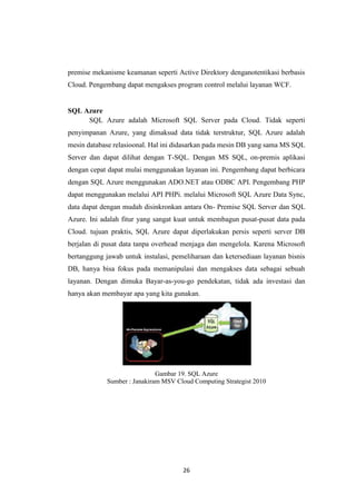 26
premise mekanisme keamanan seperti Active Direktory denganotentikasi berbasis
Cloud. Pengembang dapat mengakses program control melalui layanan WCF.
SQL Azure
SQL Azure adalah Microsoft SQL Server pada Cloud. Tidak seperti
penyimpanan Azure, yang dimaksud data tidak terstruktur, SQL Azure adalah
mesin database relasioonal. Hal ini didasarkan pada mesin DB yang sama MS SQL
Server dan dapat dilihat dengan T-SQL. Dengan MS SQL, on-premis aplikasi
dengan cepat dapat mulai menggunakan layanan ini. Pengembang dapat berbicara
dengan SQL Azure menggunakan ADO.NET atau ODBC API. Pengembang PHP
dapat menggunakan melalui API PHPi. melalui Microsoft SQL Azure Data Sync,
data dapat dengan mudah disinkronkan antara On- Premise SQL Server dan SQL
Azure. Ini adalah fitur yang sangat kuat untuk membagun pusat-pusat data pada
Cloud. tujuan praktis, SQL Azure dapat diperlakukan persis seperti server DB
berjalan di pusat data tanpa overhead menjaga dan mengelola. Karena Microsoft
bertanggung jawab untuk instalasi, pemeliharaan dan ketersediaan layanan bisnis
DB, hanya bisa fokus pada memanipulasi dan mengakses data sebagai sebuah
layanan. Dengan dimuka Bayar-as-you-go pendekatan, tidak ada investasi dan
hanya akan membayar apa yang kita gunakan.
Gambar 19. SQL Azure
Sumber : Janakiram MSV Cloud Computing Strategist 2010
 