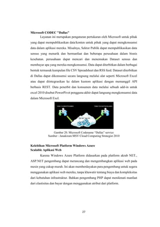 27
Microsoft CODEC "Dallas"
Layanan ini merupakan pengaturan pertukaran oleh Microsoft untuk pihak
yang dapat mempublikasikan data/konten untuk pihak yang dapat mengkonsumsi
data dalam aplikasi mereka. Misalnya, Sektor Publik dapat mempublikasikan data
sensus yang menarik dan bermanfaat dan beberapa perusahaan dalam bisnis
kesehatan. perusahaan dapat mencari dan menemukan Dataset sensus dan
membayar apa yang mereka mengkonsumsi. Data dapat diterbitkan dalam berbagai
bentuk termasuk kumpulan file CSV Spreadsheet dan RSS feed. Dataset diterbitkan
di Dallas dapat dikonsumsi secara langsung melalui alat seperti Microsoft Excel
atau dapat diintegrasikan ke dalam kustom aplikasi dengan memanggil API
berbasis REST. Data penerbit dan konsumen data melalui sebuah add-in untuk
excel 2010 disebut PowerPivot pengguna akhir dapat langsung mengkonsumsi data
dalam Microsoft Exel.
Gambar 20. Microsoft Codename “Dallas” service
Sumber : Janakiram MSV Cloud Computing Strategist 2010
Kelebihan Microsoft Platform Windows Azure
Scalable Aplikasi Web
Karena Windows Azure Platform didasarkan pada platform akrab NET.,
ASP.NET pengembang dapat merancang dan mengembangkan aplikasi web pada
mesin yang cukup murah. Ini akan memberdayakan para pengembang untuk segera
menggunakan aplikasi web mereka, tanpa khawatir tentang biaya dan kompleksitas
dari kebutuhan infrastruktur. Bahkan pengembang PHP dapat menikmati manfaat
dari elastisitas dan bayar dengan menggunakan atribut dari platform.
 