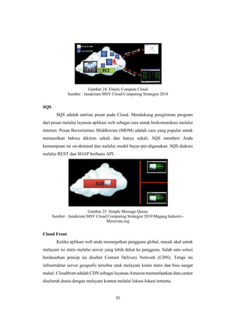 31
Gambar 24. Elastic Compute Cloud
Sumber : Janakiram MSV Cloud Computing Strategist 2010
SQS
SQS adalah antrian pesan pada Cloud. Mendukung pengiriman program
dari pesan melalui layanan aplikasi web sebagai cara untuk berkomunikasi melalui
internet. Pesan Beriorientasi Middleware (MOM) adalah cara yang popular untuk
memastikan bahwa dikirim sekali dan hanya sekali. SQS memberi Anda
kemampuan ini on-demand dan melalui model bayar-per-digunakan. SQS diakses
melalui REST dan SOAP berbasis API.
Gambar 25. Simple Message Queue
Sumber : Janakiram MSV Cloud Computing Strategist 2010 Magang Industri--
Meruvian.org
Cloud Front
Ketika aplikasi web anda menargetkan pengguna global, masuk akal untuk
melayani isi statis melalui server yang lebih dekat ke pengguna. Salah satu solusi
berdasarkan prinsip ini disebut Content Delivery Network (CDN). Tetapi ini
infrastruktur server geografis tersebar utuk melayani koten statis dan bisa sangat
mahal. Cloudfront adalah CDN sebagai layanan Amazon memanfaatkan data center
diseluruh dunia dengan melayani konten melalui lokasi-lokasi tertentu.
 