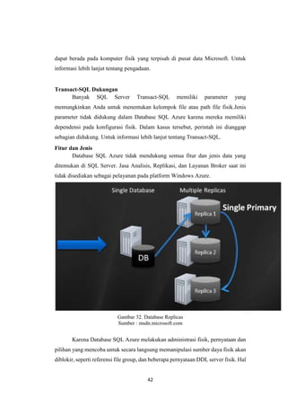 42
dapat berada pada komputer fisik yang terpisah di pusat data Microsoft. Untuk
informasi lebih lanjut tentang pengadaan.
Transact-SQL Dukungan
Banyak SQL Server Transact-SQL memiliki parameter yang
memungkinkan Anda untuk menentukan kelompok file atau path file fisik.Jenis
parameter tidak didukung dalam Database SQL Azure karena mereka memiliki
dependensi pada konfigurasi fisik. Dalam kasus tersebut, perintah ini dianggap
sebagian didukung. Untuk informasi lebih lanjut tentang Transact-SQL.
Fitur dan Jenis
Database SQL Azure tidak mendukung semua fitur dan jenis data yang
ditemukan di SQL Server. Jasa Analisis, Replikasi, dan Layanan Broker saat ini
tidak disediakan sebagai pelayanan pada platform Windows Azure.
Gambar 32. Database Replicas
Sumber : msdn.microsoft.com
Karena Database SQL Azure melakukan administrasi fisik, pernyataan dan
pilihan yang mencoba untuk secara langsung memanipulasi sumber daya fisik akan
diblokir, seperti referensi file group, dan beberapa pernyataan DDL server fisik. Hal
 