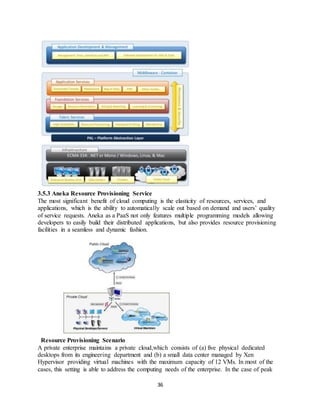 36
3.5.3 Aneka Resource Provisioning Service
The most significant benefit of cloud computing is the elasticity of resources, services, and
applications, which is the ability to automatically scale out based on demand and users’ quality
of service requests. Aneka as a PaaS not only features multiple programming models allowing
developers to easily build their distributed applications, but also provides resource provisioning
facilities in a seamless and dynamic fashion.
Resource Provisioning Scenario
A private enterprise maintains a private cloud,which consists of (a) five physical dedicated
desktops from its engineering department and (b) a small data center managed by Xen
Hypervisor providing virtual machines with the maximum capacity of 12 VMs. In most of the
cases, this setting is able to address the computing needs of the enterprise. In the case of peak
 