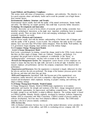 58
Legal, Political, and Regulatory Compliance
This section deals with issues of transparency, compliance, and conformity. The objective is to
be a good corporate citizen and industry leader and to avoid the potential cost of legal threats
from external factors.
Environmental (Industry Structure and Trends)
Environmental factors usually deal with the quality of the natural environment, human health,
and safety. The following are sample questions that could help to provoke further discussion.
Technology Developments and Innovation
Scientific discoveries are seen to be key drivers of economic growth; leading economists have
identified technological innovations as the single most important contributing factor in sustained
economic growth. There are many fronts of new and emerging technologies that could
potentially transform our world.
Sociocultural (Markets and Customers)
Societal factors usually deal with the intimate understanding of the human side of changes and
with the quality of life in general. A case in point: The companies that make up the U.S. defense
industry have seen more than 50%of their market disappear. When the Berlin Wall tumbled, the
U.S. government began chopping major portions out of the defense budget.
5.1.2 Common Change Management Models
Lewin’s Change Management Model
Kurt Lewin, a psychologist by training, created this change model in the 1950s. Lewin observed
that there are three stages of change, which are: Unfreeze, Transition, and Refreeze. It is
recognized that people tend to become complacent or comfortable in this “freeze” or
“unchanging/stable” environment, and they wish to remain in this “safe/comfort” zone.
Rewards and Management System. This management system focuses on how employees are
trained to ensure that they have the right skills and tools to do the job right. It identifies how to
measure employee job performance and how the company compensates them based on their
performance.
Organization and Structures. How the organization is structured is largely influenced by what
the jobs are and how the jobs are performed. The design of the business processes govern what
the jobs are, and when and where they get done.
Skills and Competencies. Specialized skills that become part of the organizational core
competency enable innovation and create a competitive edge.Organizations that invest in
research and development which emphasize investing in people’s training and well-being will
shape a winning strategy.
5.1.3Change Management Maturity Model (Cmmm)
A Change Management Maturity Model (CMMM) helps organizations to (a) analyze,
understand, and visualize the strength and weakness of the firm’s change management process
and (b) identify opportunities for improvement and building competitiveness. The model should
be simple enough to use and flexible to adapt to different situations. The working model is based
on CMM (Capability Maturity Model), originally developed by American Software Engineering
Institute (SEI) in cooperation with Mitre Corporation. CMM is a model of process maturity for
software development, but it has since been adapted to different domains. The CMM model
describes a five-level process maturity continuum .
AML Services Inc.
AML (A Medical Laboratory Services Inc.) is one of the medical laboratory service providers for
a city with a population of one million, and AML is a technology-driven company with 150
 