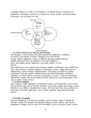 8
Computing delivered as a utility can be defined as “on demand delivery of infrastructure,
applications, and business processes in a security-rich, shared, scalable, and based computer
environment over the Internet for a fee ”
Hardw are
Distributed Computing
Systems Management
2.1.4 SOA, Web Services, Web 2.0, and Mashups
The emergence of Web services (WS) open standards has significantly contributed
to advances in the domain of software integration [12]. Web services
can glue together applications running on different messaging product platforms,
enabling information from one application to be made available to
others, and enabling internal applications to be made available over the
Internet.
WS standards have been created on top of existing ubiquitous technologies such as HTTP and
XML, thus providing a common mechanism for delivering services, making them ideal for
implementing a service-oriented architecture(SOA). The purpose of a SOA is to address
requirements of loosely coupled, standards-based, and protocol-independent distributed
computing. In a SOA, software resources are packaged as “services,” which are well-defined,
selfcontained modules that provide standard business functionality and are independent of the
state or context of other services.
2.1.4 Grid Computing
Grid computing enables aggregation of distributed resources and transparently access to them.
Most production grids such as TeraGrid and EGEE seek to share compute and storage resources
distributed across different administrative domains, with their main focus being speeding up a
broad range of scientific applications, such as climate modeling, drug design, and protein
analysis.
2.1.5 Utility Computing
large grid installations have faced new problems, such as excessive spikes in demand for
resources coupled with strategic and adversarial behavior by users. Initially, grid resource
management techniques did not ensure fair and equitable access to resources in many systems.
Utility &
Grid
Computing
SOA
Web 2.0
Web Services
Mashups
Autonomic
Computing
Data Center
Automation
Hardw are
Virtualizatio
n
Multi-core
chips
Cloud
Computi
ng
 