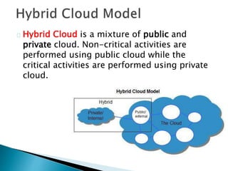 Hybrid Cloud is a mixture of public and
private cloud. Non-critical activities are
performed using public cloud while the
critical activities are performed using private
cloud.
 