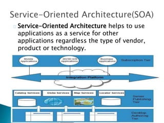 Service-Oriented Architecture helps to use
applications as a service for other
applications regardless the type of vendor,
product or technology.
 