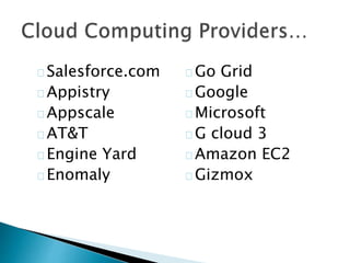 Salesforce.com
Appistry
Appscale
AT&T
Engine Yard
Enomaly
Go Grid
Google
Microsoft
G cloud 3
Amazon EC2
Gizmox
 