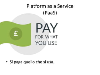 Platform as a Service 
(PaaS) 
• Si paga quello che si usa. 
 