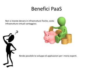 Benefici PaaS 
Non si investe denaro in infrastrutture fisiche, costo 
infrastrutture virtuali vantaggiosi. 
Rende possibile lo sviluppo di applicazioni per i meno esperti. 
 