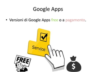Google Apps 
• Versioni di Google Apps free o a pagamento. 
 
