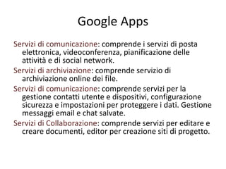 Google Apps 
Servizi di comunicazione: comprende i servizi di posta 
elettronica, videoconferenza, pianificazione delle 
attività e di social network. 
Servizi di archiviazione: comprende servizio di 
archiviazione online dei file. 
Servizi di comunicazione: comprende servizi per la 
gestione contatti utente e dispositivi, configurazione 
sicurezza e impostazioni per proteggere i dati. Gestione 
messaggi email e chat salvate. 
Servizi di Collaborazione: comprende servizi per editare e 
creare documenti, editor per creazione siti di progetto. 
 