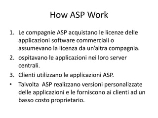 How ASP Work 
1. Le compagnie ASP acquistano le licenze delle 
applicazioni software commerciali o 
assumevano la licenza da un’altra compagnia. 
2. ospitavano le applicazioni nei loro server 
centrali. 
3. Clienti utilizzano le applicazioni ASP. 
• Talvolta ASP realizzano versioni personalizzate 
delle applicazioni e le forniscono ai clienti ad un 
basso costo proprietario. 
 
