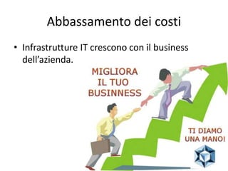Abbassamento dei costi 
• Infrastrutture IT crescono con il business 
dell’azienda. 
 