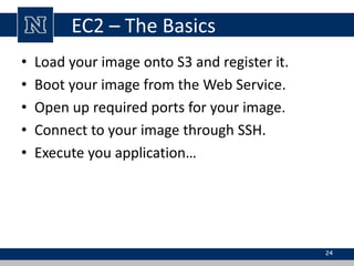 EC2 – The Basics 
• Load your image onto S3 and register it. 
• Boot your image from the Web Service. 
• Open up required ports for your image. 
• Connect to your image through SSH. 
• Execute you application… 
24 
 
