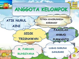 ANGGOTA KELOMPOK
ATIK NURUL
AINI
M. FARHAN
RUHDIYANA
FITRIA KHAIRUNNISA
KOESNADY
FAADILAH
AHMAD
PURWANTO
SIDIK
TRISNAWAN
LUGAS BARUNA
SANUBARI
 
